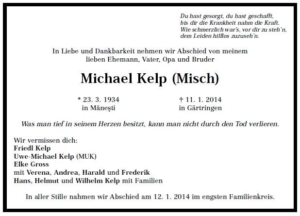 Kelp Michael 1934-2014 Todesanzeige